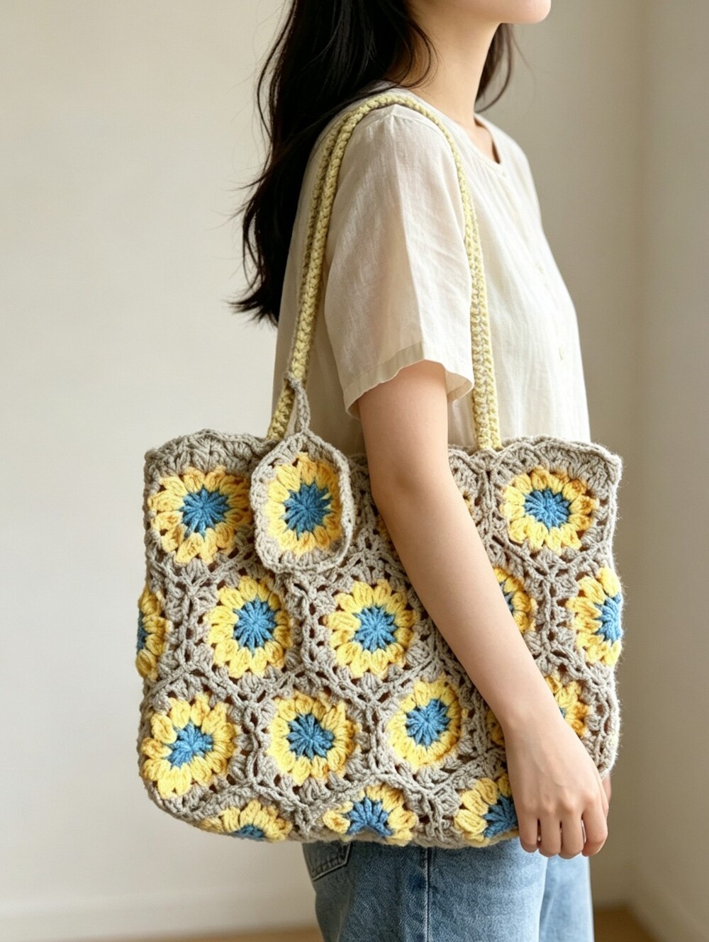 Handmade Crochet Tote Bag with Floral Pattern
